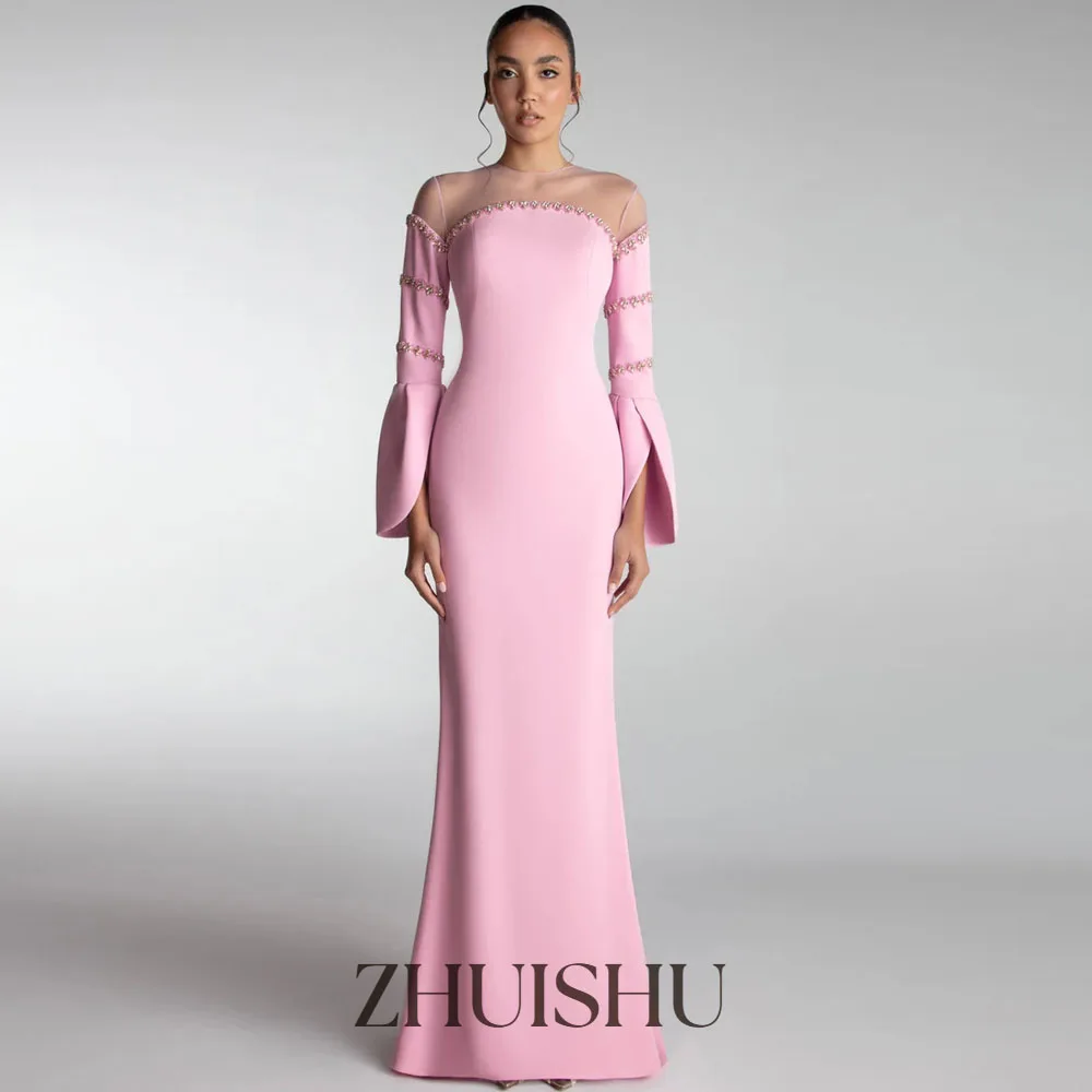 ZHUISHU O-Neck Illusion Pink Women Evening Gown for Formal Event Customized Long Sleeves Beading Modest Wedding Guest Dresses