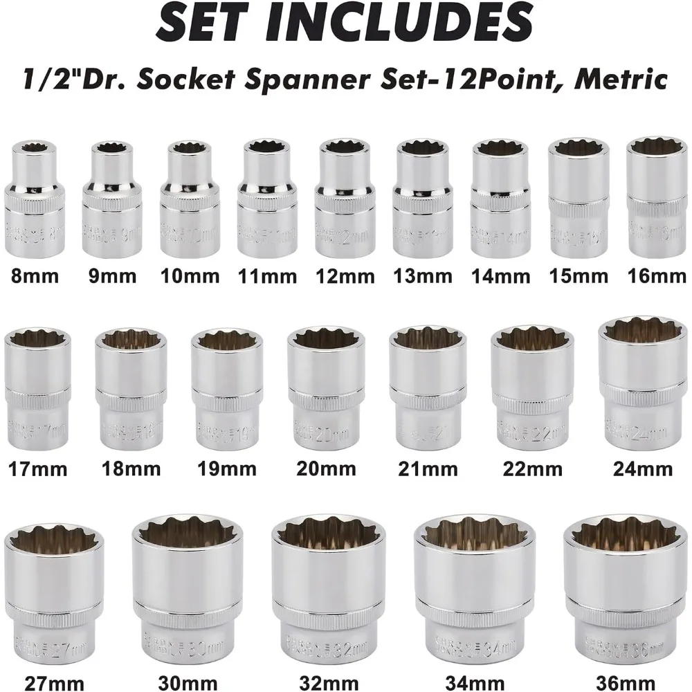 8-36mm Spline-Steckschlüsselsatz 1/2 Zoll Antrieb Universal Metrisch 12-Punkt Cr-V Mehrzahn-Steckschlüsselsatz für Auto-Reparatur Handwerkzeug – Detail 2