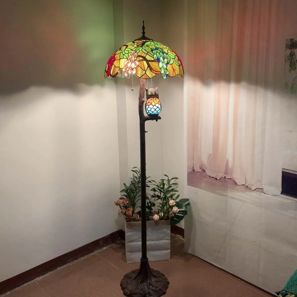 Stained Glass Double-Lit Floor Lamp with Owl Night Light