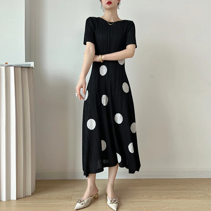 Summer pleated slim fit high waisted dress with irregular polka dot waist length  summer dress women  women clothing