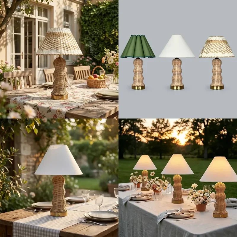 Rattan Rechargeable Desk Lamp Bamboo Shade Dimmable LED Cordless Table Light for Home Hotel Wedding Decoration
