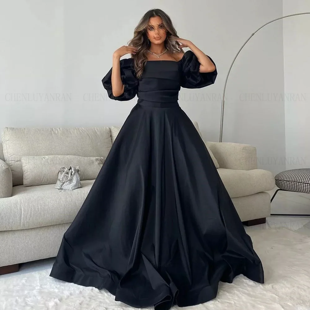 

Black Satin Formal Occasion Dresses 2023 Puff Sleeves A-Line Party Dress Custom Made Pleat Long Evening Gowns فساتين حفلات