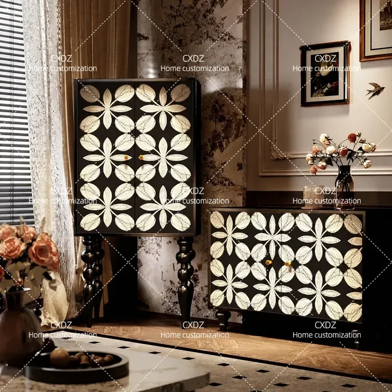 French Chinese style art pattern solid wood tall cabinet living room wall storage dining room locker entrance decorative