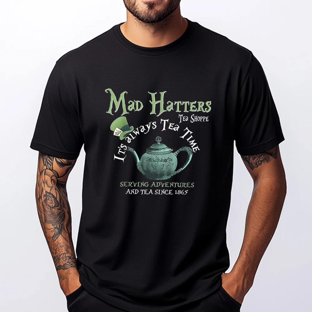 

Mad Hatters Tea Shoppe It's Always Tea Time Black Graphic Tees Moderate elasticity Luxury Designer Classic