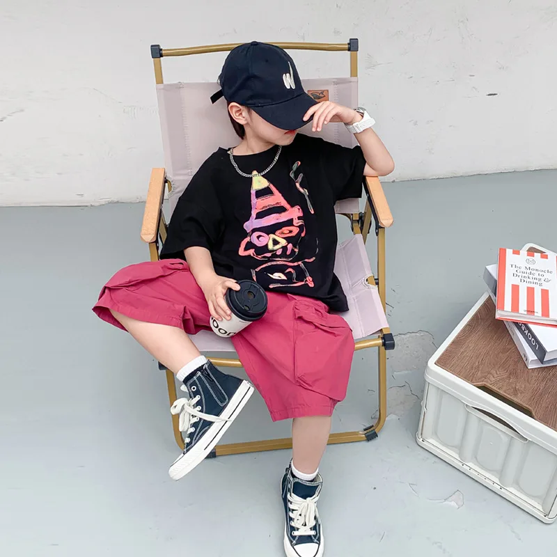 

Fashion Brand Graffiti Hip Hop Style Children's Short SleeveTSummer T-shirt2024New Boy's Clothing Half-Sleeve Pure Cotton Teens