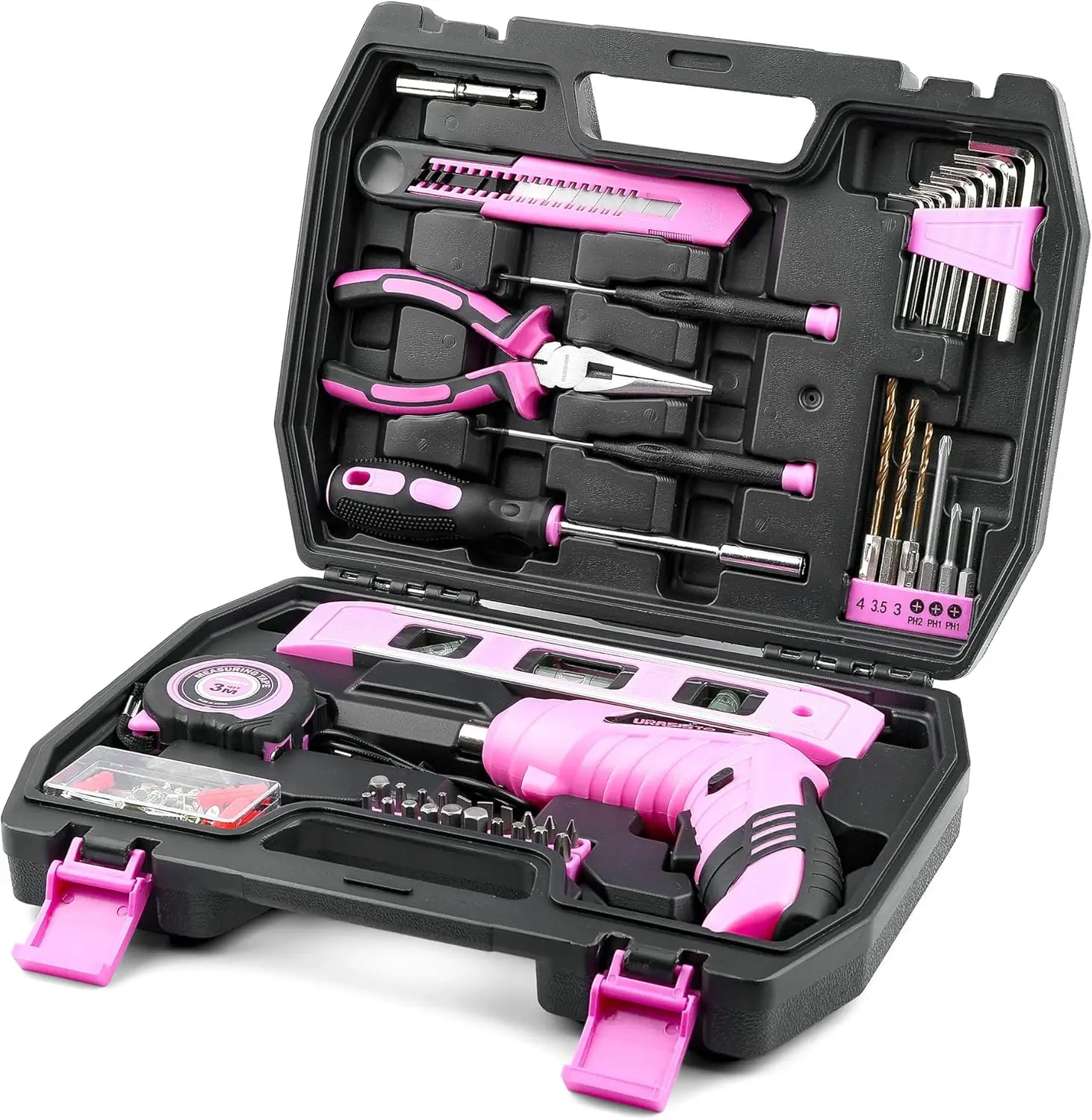 

123 Piece Pink Household Tool Set with 3.6V USB Electric Screwdriver, Home Tool Kit with Cordless Lithium-ion Drill Driver