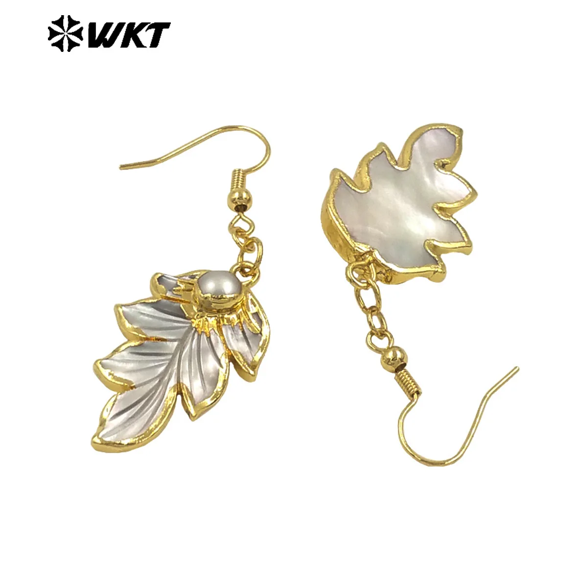 WT-MPE143 New Vintage 18k Real Gold Plated Handmade Carved Natural Mop Shell Leaf Earring With Pearl Charms