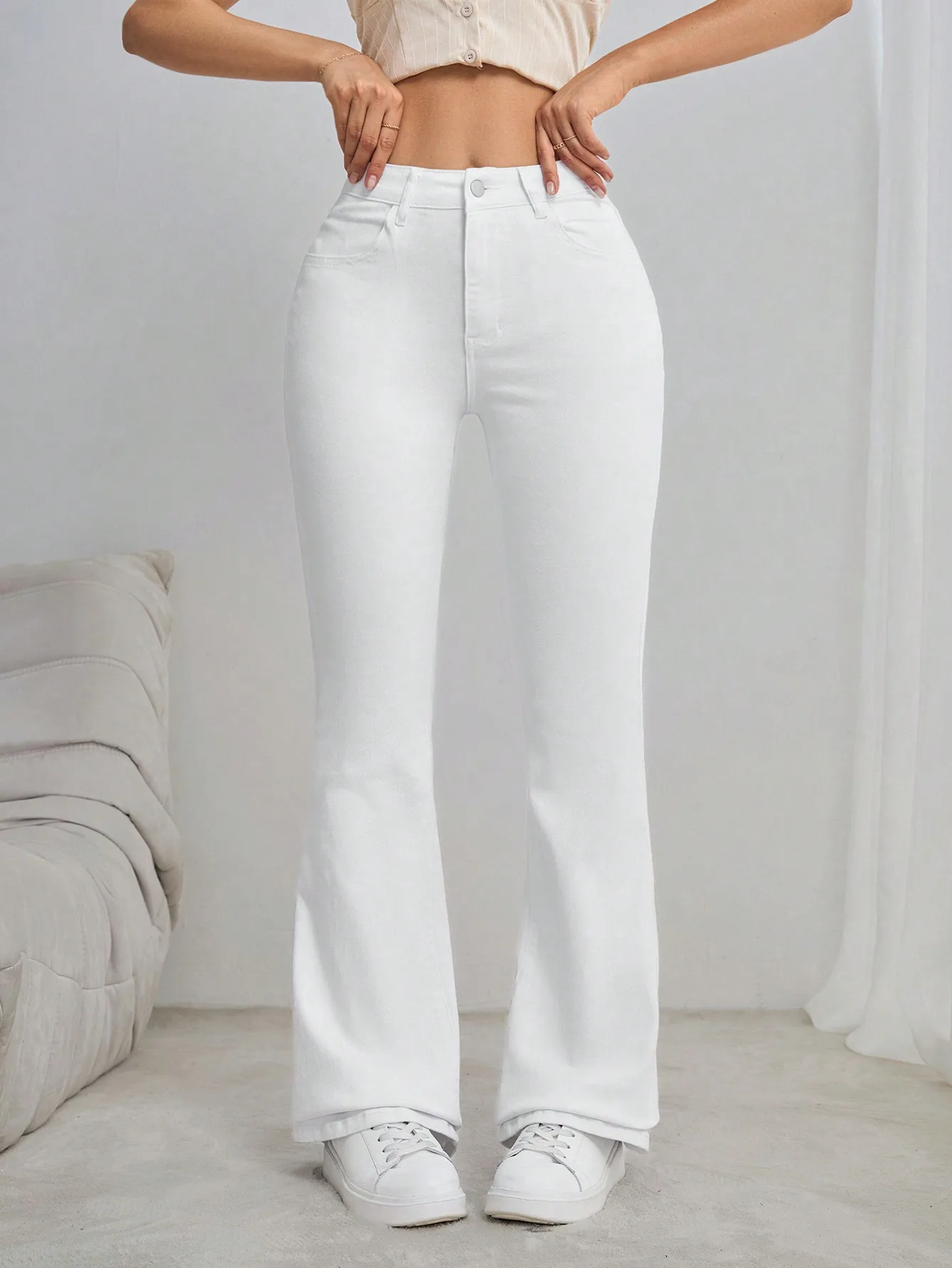 여성용 화이트 하이웨이스트 벨보텀 진, 데일리룩 캐주얼 플레어 데님 팬츠