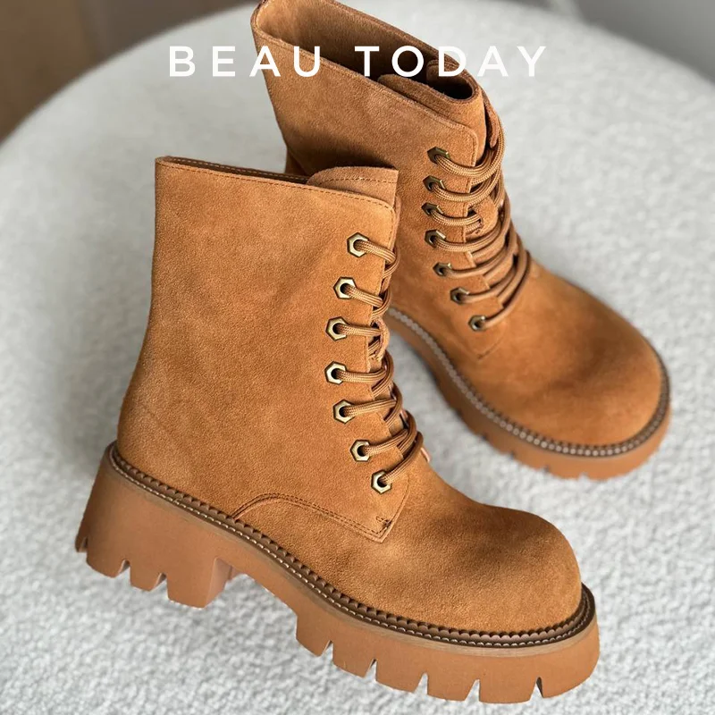 BEAUTODAY Gelbe Stiefeletten für Damen, Kuh-Wildleder, Schnürung, Plattform, klobige Absätze, Outdoor, Vintage, kurze Booties, weiblich, 04654