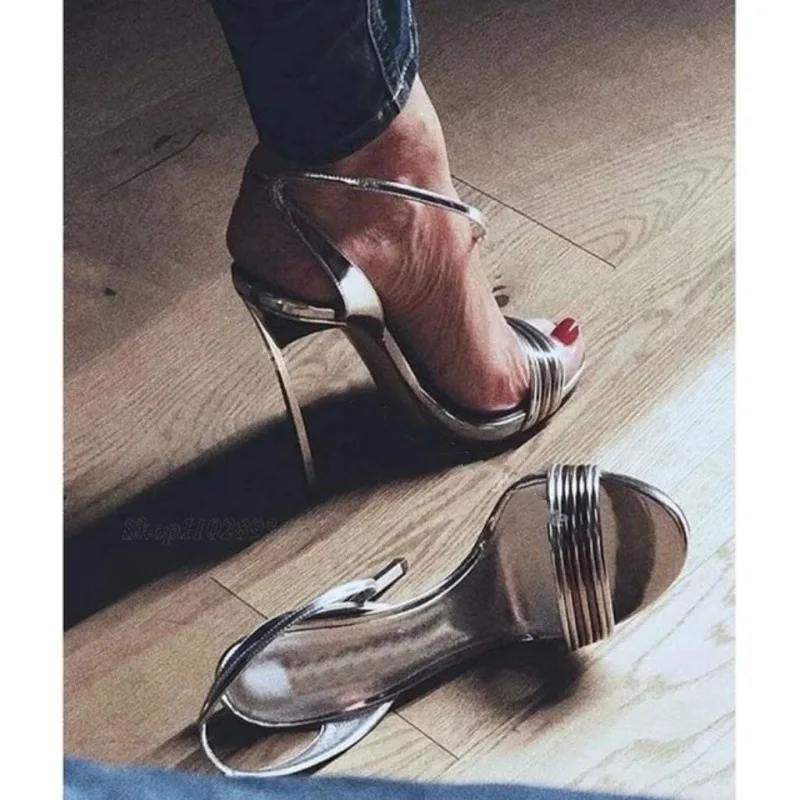 

Mirror Silvery Leather Blade Heeled Thin Heeled High Heel Sandals Women Narrow Band Open Toe Ankle Wrap Summer Party Shoes