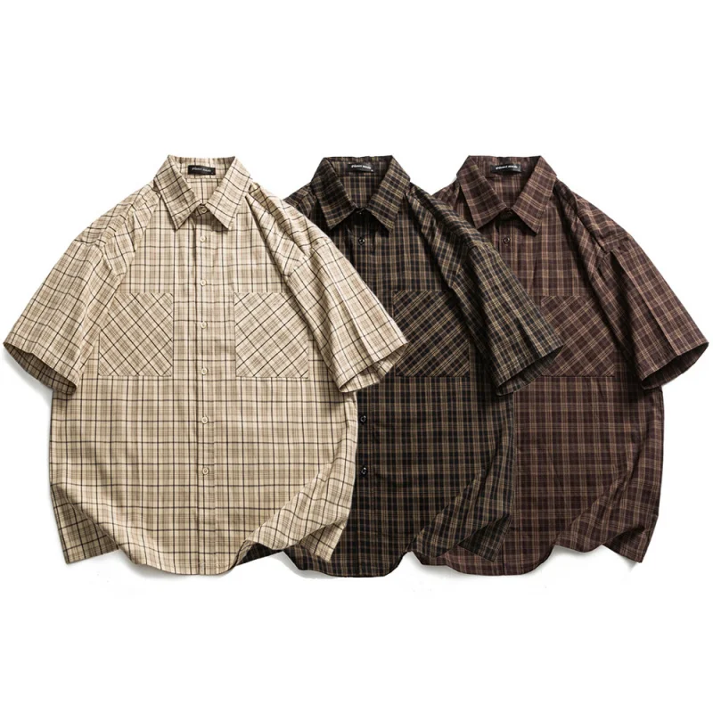 

MAQVOB EU US Size Loose Fit Plaid Cargo Short Sleeve Shirt for Men and Women Vintage 100% Cotton Casual Shirt