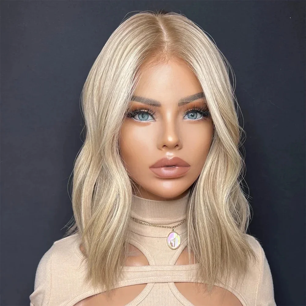 

HD Lace Synthetic Fibre Wigs Natural Wave Bob Wig 13x4 Light Honey Blonde Lace Front Wig Glueless Wig with Ash Roots Pre Plucked