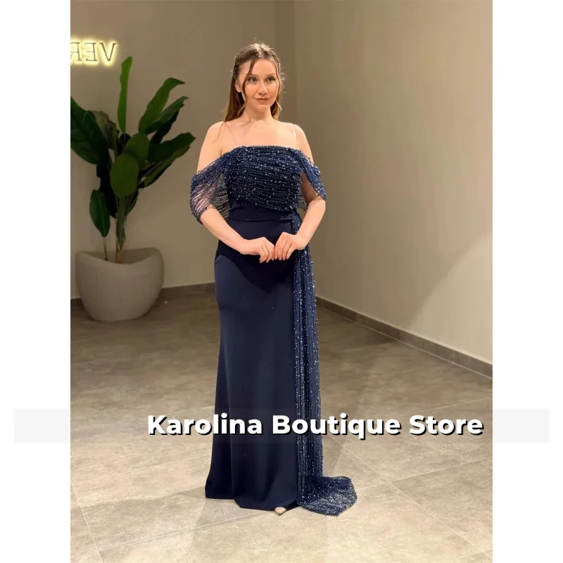Grânulos personalizados vestido de noite luxo elegante vestidos de festa mulher um ombro trem lateral formal ocasião vestidos azul marinho