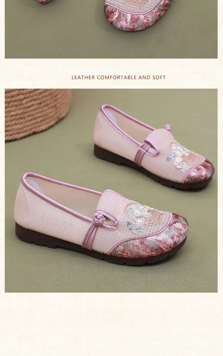Damen-Slipper mit Blumenstickerei, flache Schuhe aus Mesh, chinesischer Stil, dekorativer Knoten, atmungsaktiv, leicht, rutschfest, Mutter-Slipper. – Detail 23