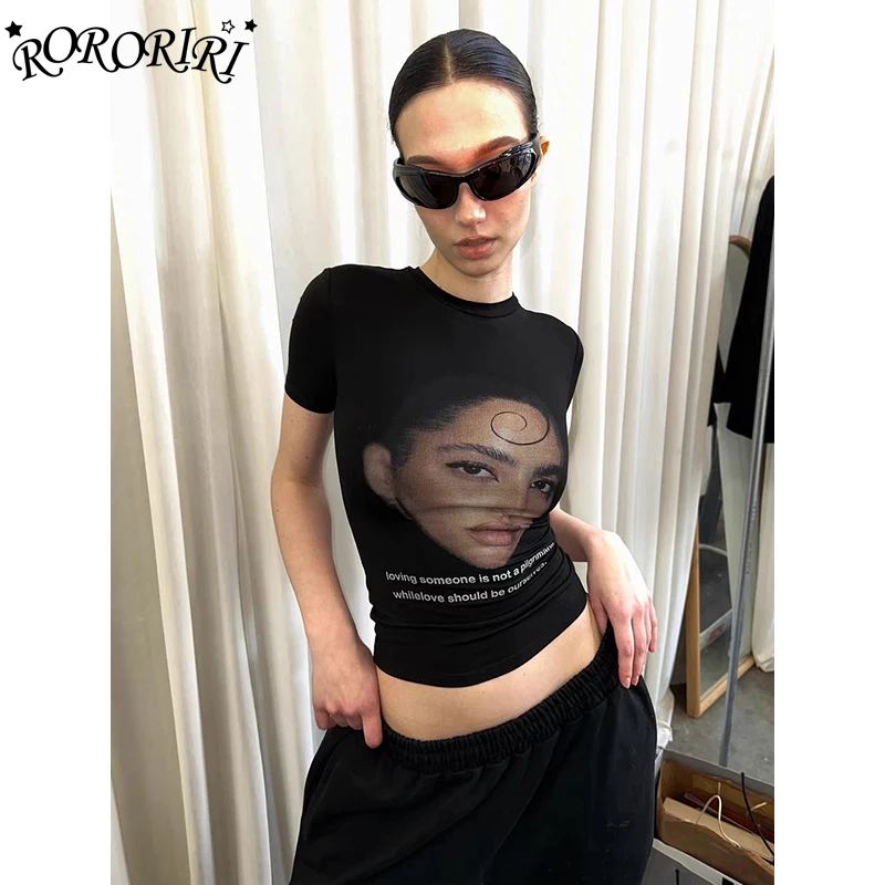 

RORORIRI Character Print Short Sleeves T-shirt Women Graphic Letter O-neck Pullover Grayu Slim Crop Top Vintage Summer Clothes
