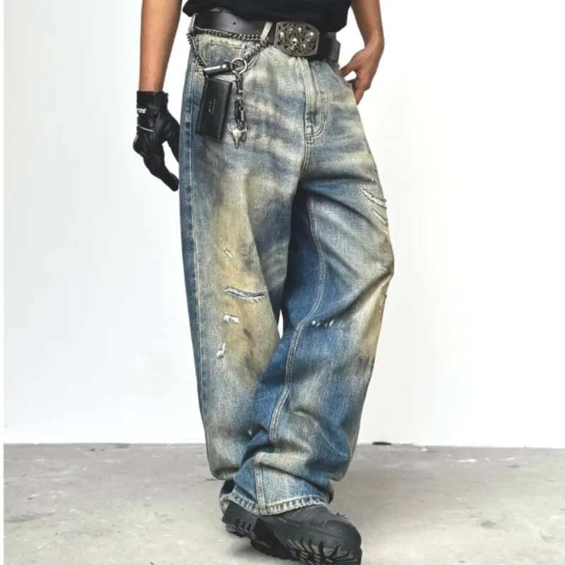 Wasteland Style Wear Distressed Dirty Dyed Ripped Washed Straight Jeans for Men Hand-Rub Color