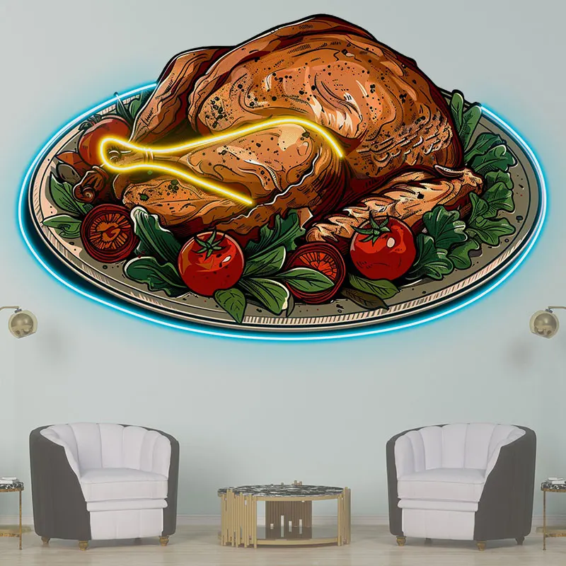 Dark Roast Turkey Neon Light Sign - Elegant Holiday Feast with Tomatoes & Greens, Perfect for Thanksgiving & Festive Dining Room