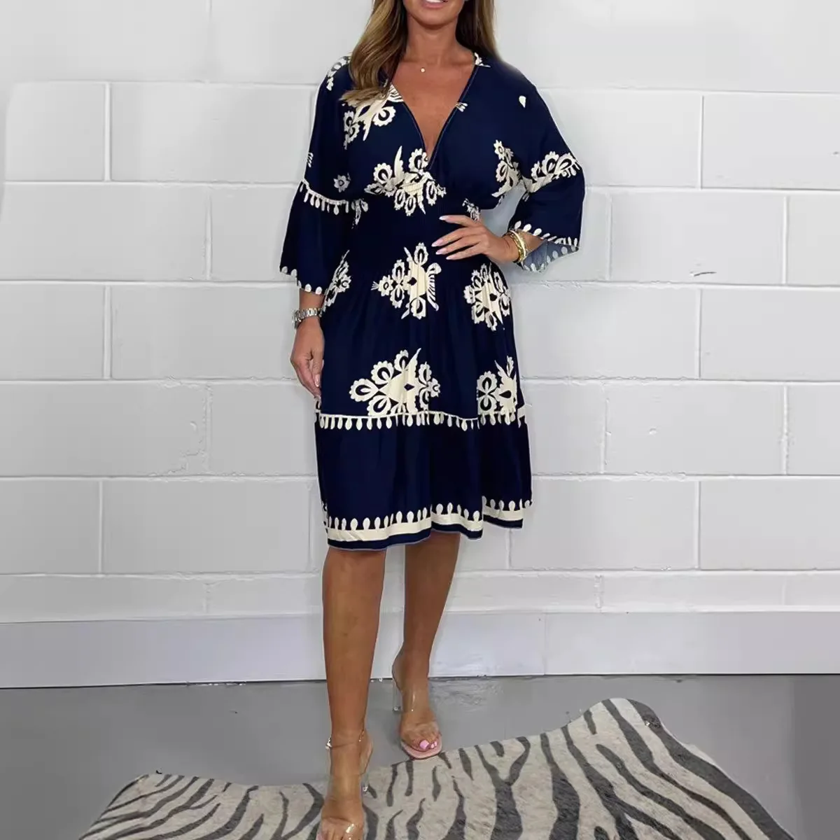 

2025 Dress Women Elegant Fashion Beautiful Women's Dresses Party Night Elastic Waist Summer Printed Three-quarter Sleeve Dress