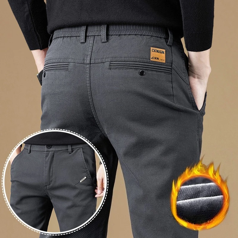 

2025 Winter Slim Fleece Men's Casual Pants Thickened Warm Fashion Business Korean Classic Velvet Trousers Male 28-38