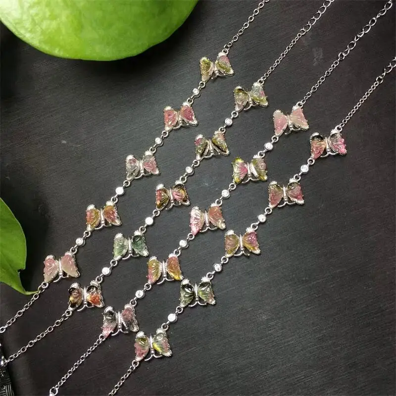 S925 Natural Watermelon Tourmaline Butterfly Bracelet Crystal Reiki Gemstone Fashion Jewelry Fengshui Women Healing Gift 1pcs