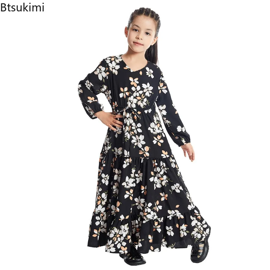 2024 Fashion Muslim Children Abaya Print Maxi Dress for Girl Long Robe Gowns Kimono Cute Jubah Middle East Arab Islamic Clothing