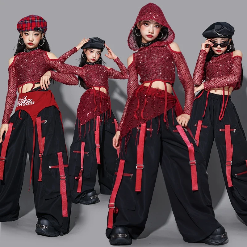 Kids Girls Jazz Dance Clothes Red Net Tops Long Sleeves Navel Performance Costumes Cargo Pants Fashion Street Clothing BL18067