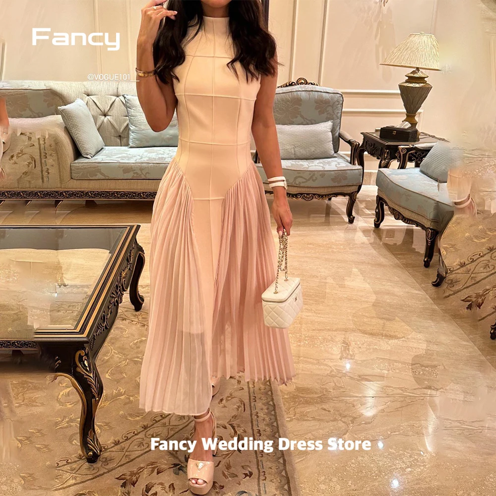 Fancy Saudi Arabia Pink High Neck Evening Dress Sleeveless Sheath A Line Satin And Chiffon Prom Gown Formal Dresses customized