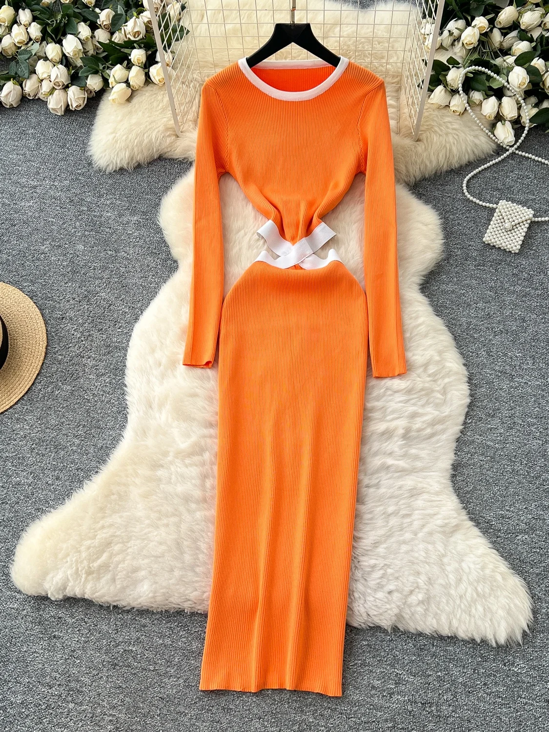 Ele Hollow out Long Sve Knitted Dr Women's High Waist A-Line Skirt Sle Autumn Winter Fitted Waist Bodycon Dr