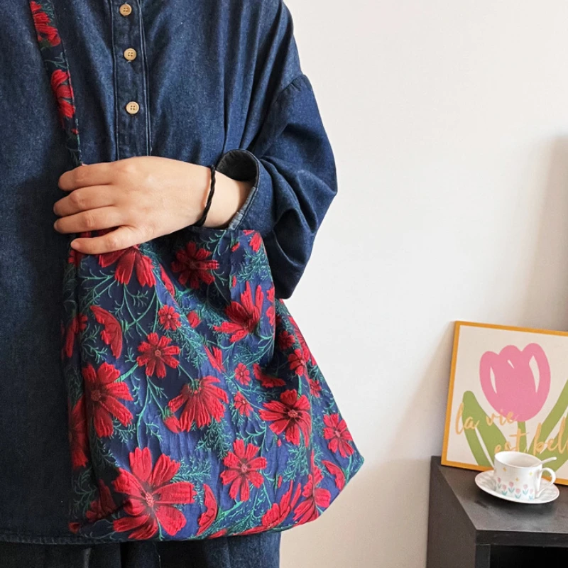 Borsa a tracolla Jacquard Vintage per donna borsa per la spesa riutilizzabile da donna con motivo floreale borsa a mano portatile di grande capacità