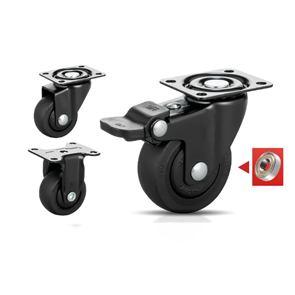 1-1.25-1.5-2 Inch Black Rubber Furniture Casters Universal Wheels Silent Wear-resistant Casters Baby Crib Brake Wheels