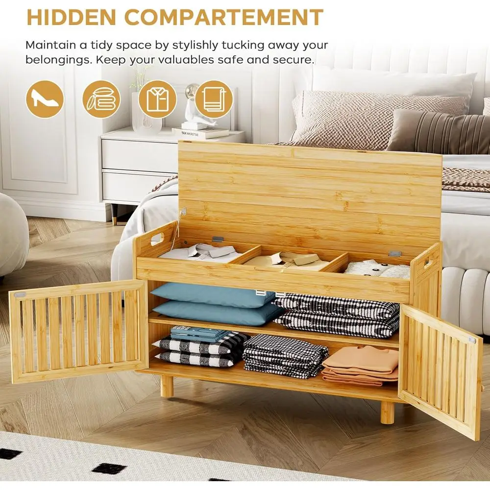 Banco de entrada de bambu de duas portas com assento acolchoado e armazenamento superior para sapatos, sala de estar, quarto - acabamento natural