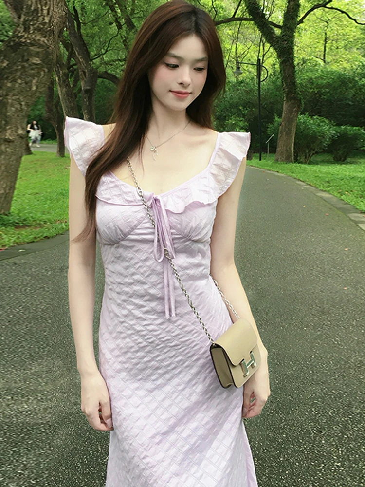 우아한 새틴 랩 드레스 여성 여름 퍼플 스커트 섹시 하이 웨이스트 롱 드레스 캐주얼 스윗 스타일 V넥 버블 소매 드레스