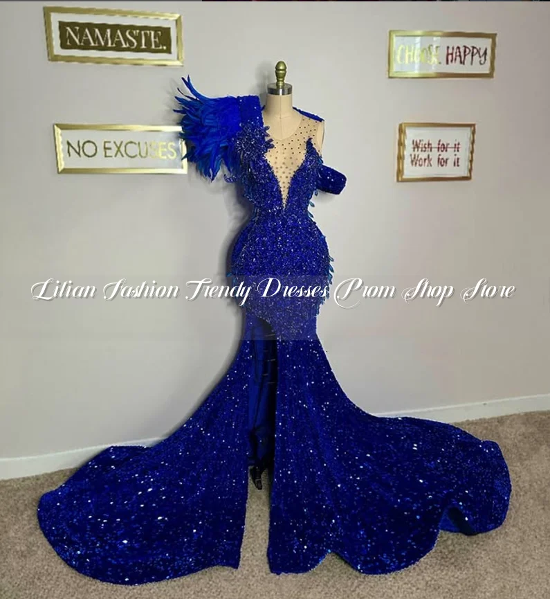 Tesoro azul Diamante largo sirena vestido de fiesta hombro apliques de plumas con cuentas Sexy Split fiesta africana vestidos de celebridades personalizados