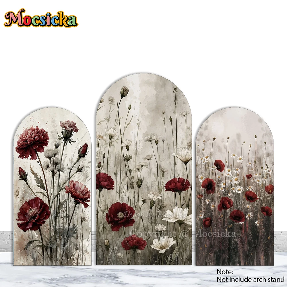 

Mocsicka Custom Chiara Arch 2-сторонний фон с красными чернилами и цветочным рисунком для фотосъемки Wildflower Girl Birthday Party Photobooth