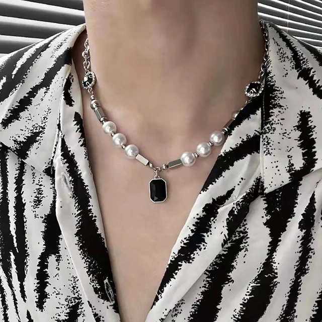 Hip hop Black Rhinestones Pendant Pearl Necklace Men Steel Necklace Mens Jewellery Man Necklac Free Shipping AliExpress