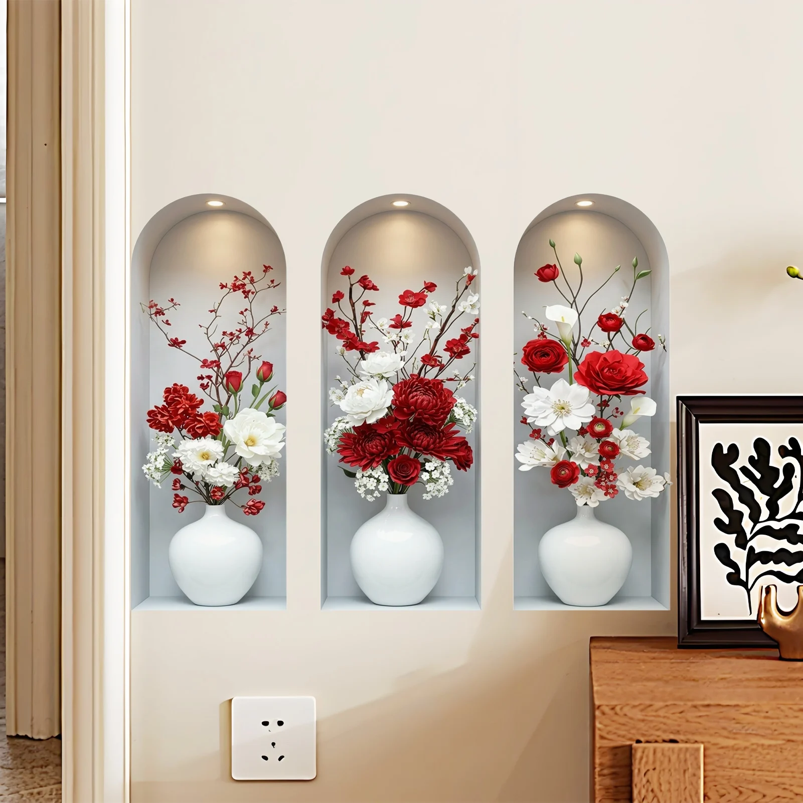 Modern Red White Flower Vase Wall Stickers Arched Niche Floral Decal for Living Room Bedroom, Removable Art Mural Home Decor