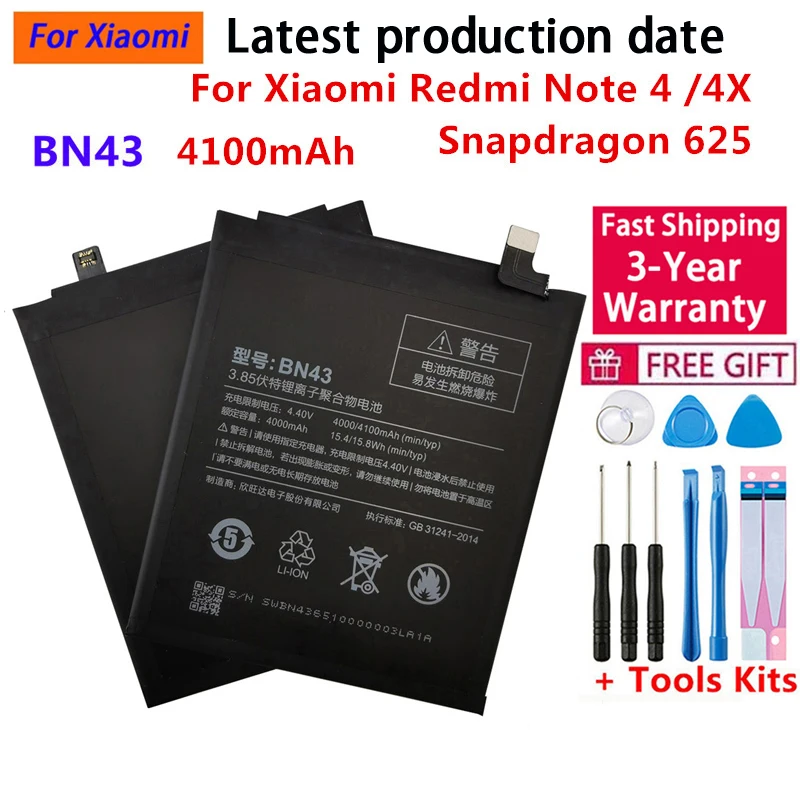 100 % originaler echter 4100 mAh BN43-Akku für Xiaomi Redmi Note 4X Note 4 Global Snapdragon 625 Telefonbatterien Bateria