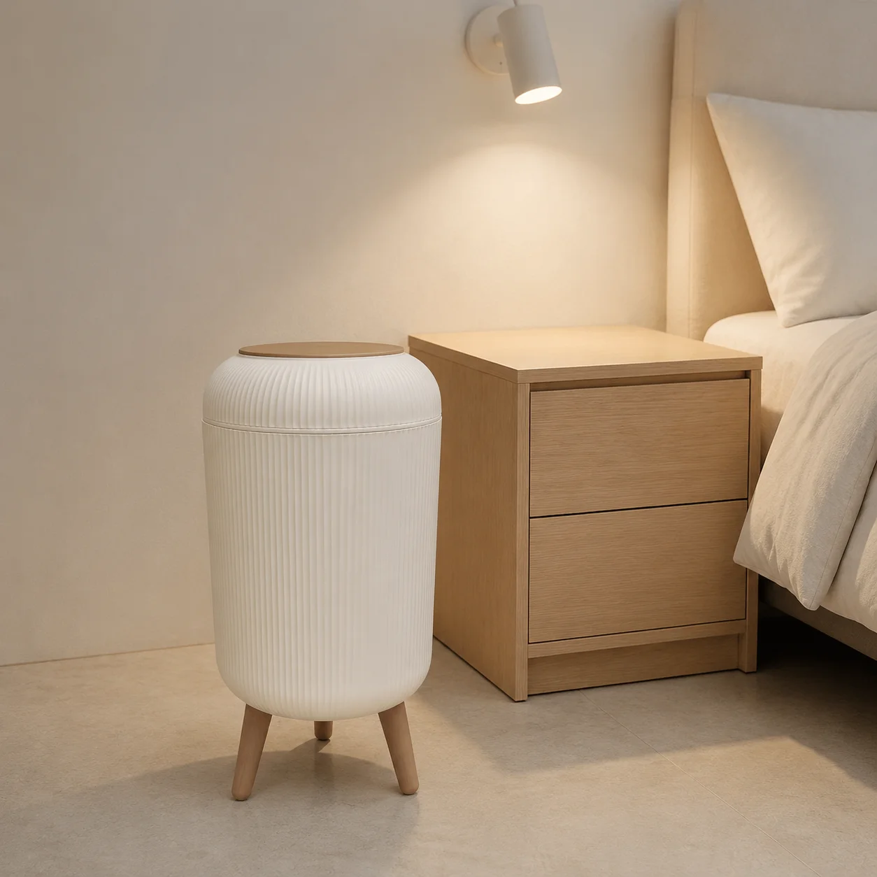 Modern Ribbed Standing Trash Can, All‑Plastic Decorative Garbage Bin with Wood‑Pattern Flip‑Top Lid & 3 Elevated Support Legs, Rubber Ring to Hide Trash‑Bag Edge, Odor‑Sealed Waste Bucket for Bedroom, Living‑Room, Bathroom, Apartment Home Decor