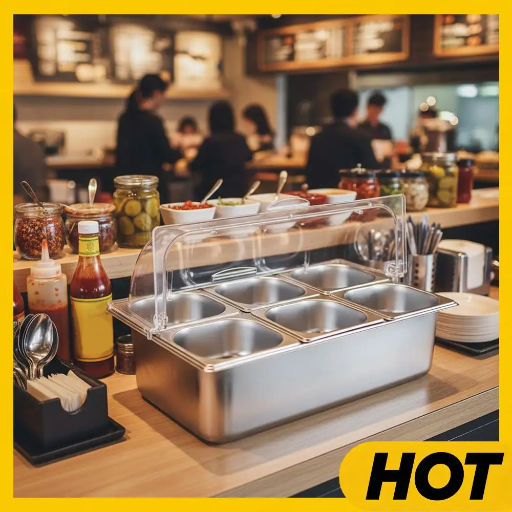 

Набор из 6 контейнеров для подачи еды на столешницу, из нержавеющей стали, с прозрачной откидной крышкой, для ресторанов, отелей, кухонь, вечеринок