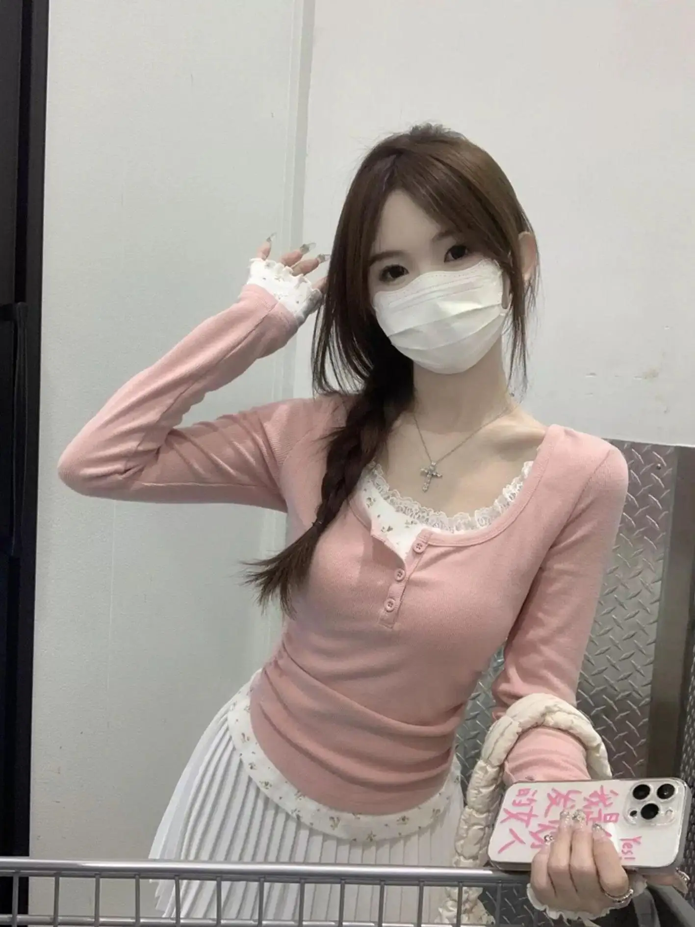 BM Sle Lace Long Sve U-Ne T-Shirt Damen Slim Fit Blumendruck ort Base irt Autumn Faion Sexy Look Gestrickte Poly...