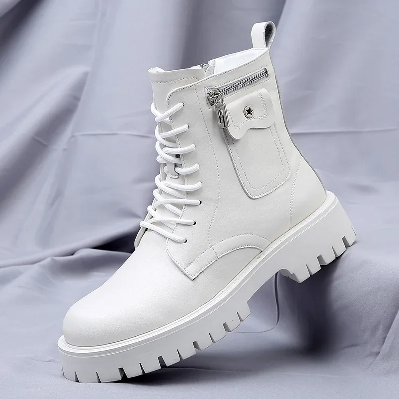 Spring Men\'s Thick Soled White Denim Boots Brand Lace Up Side Zipper Motorcycle Boots Men Round Toe Boots Leather High Top Shoes