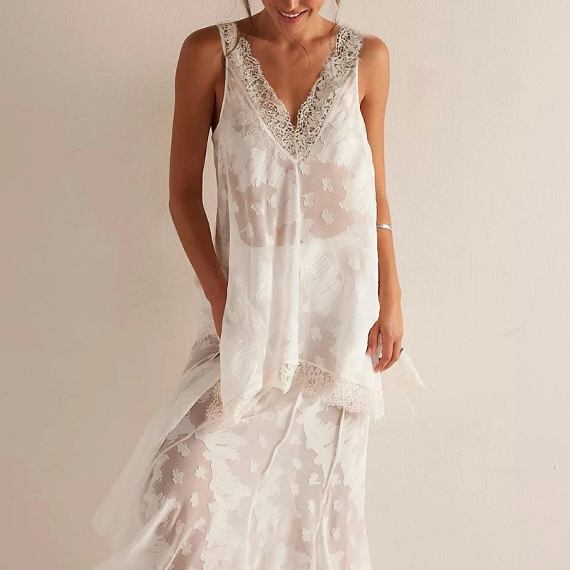 

Women Summer Embroidery Lace Trim Patchwork Y2k Tank Top VNeck Sheer See-through Ruffle Hem Sleeveless Babydoll Shirt