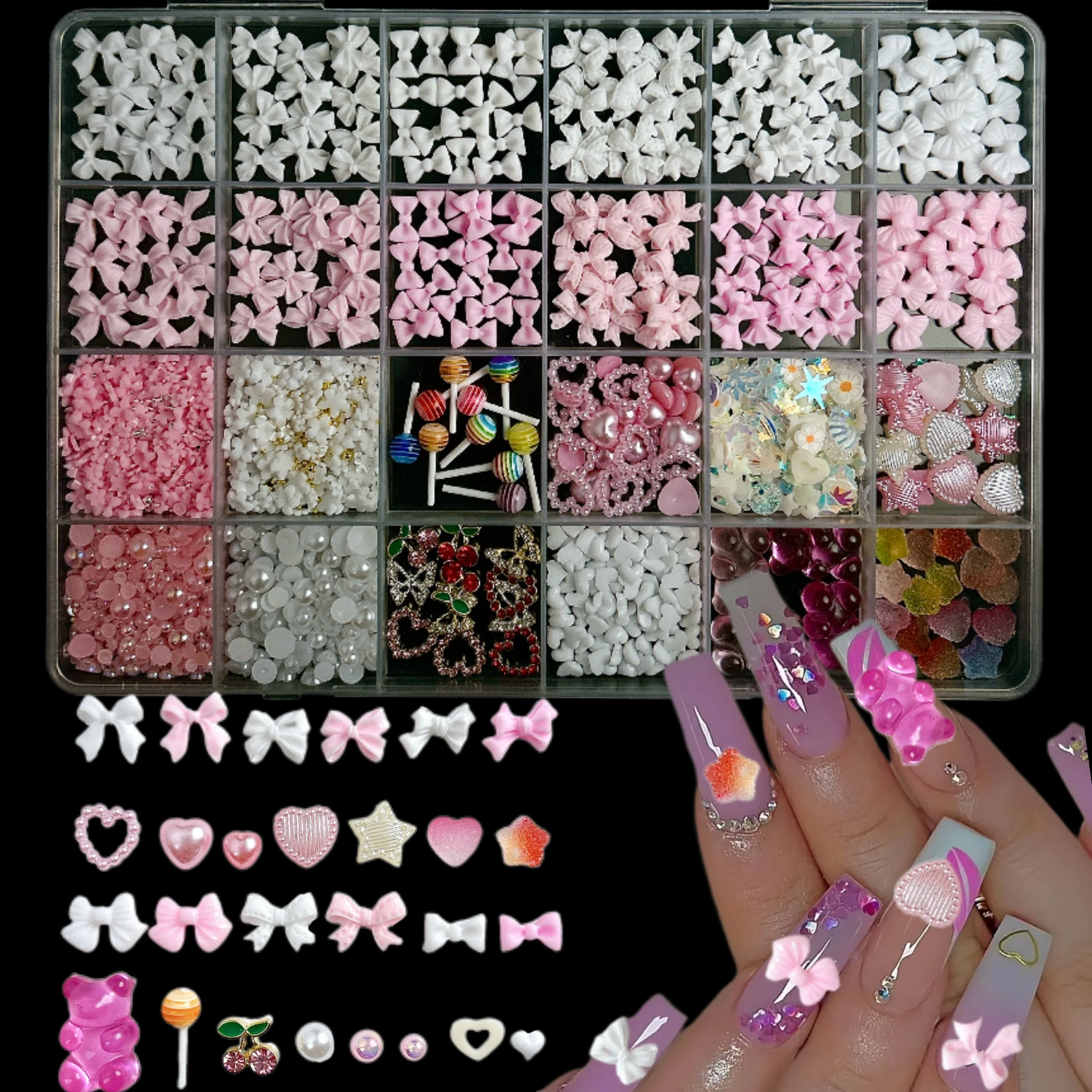 

1Box Exquisite Alloy Heart Cherry Butterfly Nail Charms 3D Colorful Sweet Ribbon Bow Tie Resin Nail Art Decorations DIY Manicure