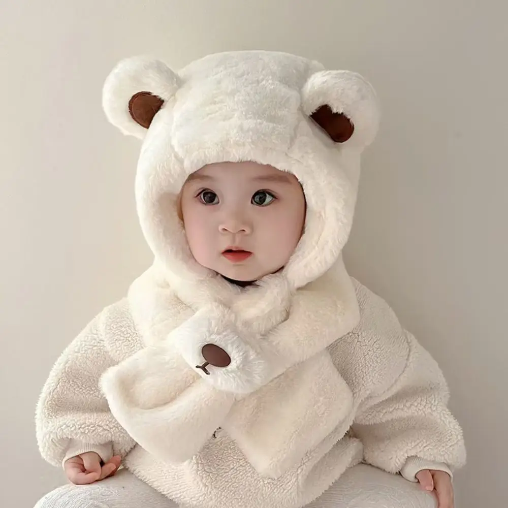 

Comfortable Solid Color Bear Plush Hat Korean Style Fashion Design Children Fleece Hat Cartoon Muffler Plush Hat with Scarf Baby