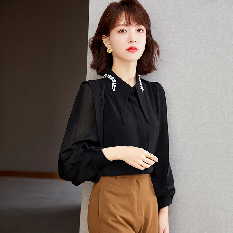 Long Sleeve Pointed Collar Beading Loose Spliced Black Button Blouse Women Tops Spring Autumn Elegant Chic Casual Blouse B1729