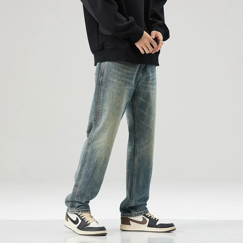 Y2K new men's retro work pants with washed pockets and decorative water, retro stretch slim fit, retro blue work pants,