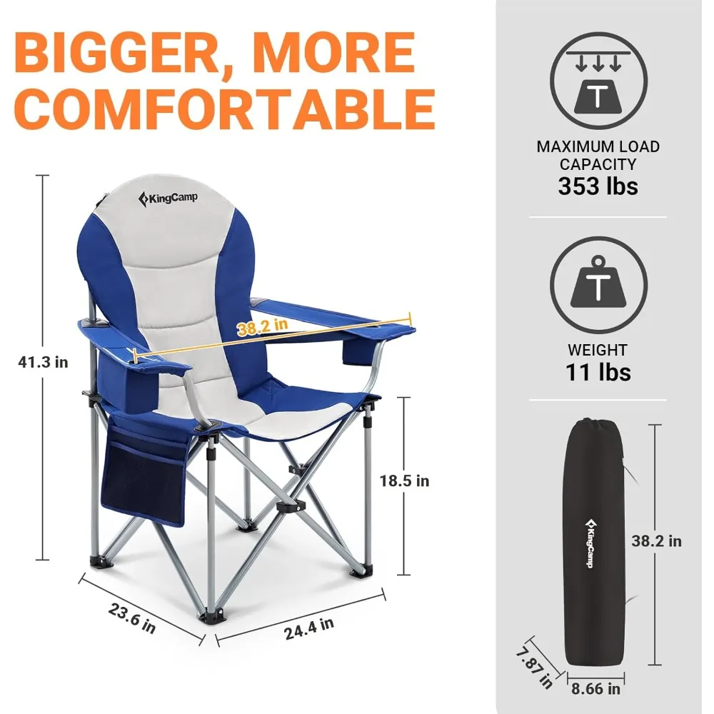 KingCamp Oversized Camping Folding Chair with Lumbar Support, Heavy Duty Ergonomic Padded Arm Chair with Cooler Bag