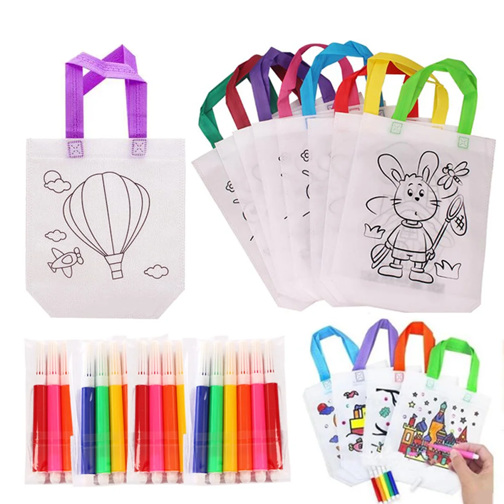 5 Sets DIY Graffiti Bag with Markers Handmade Painting Non-Woven Bag for Children Arts Crafts Color Filling Drawing Toy GYH