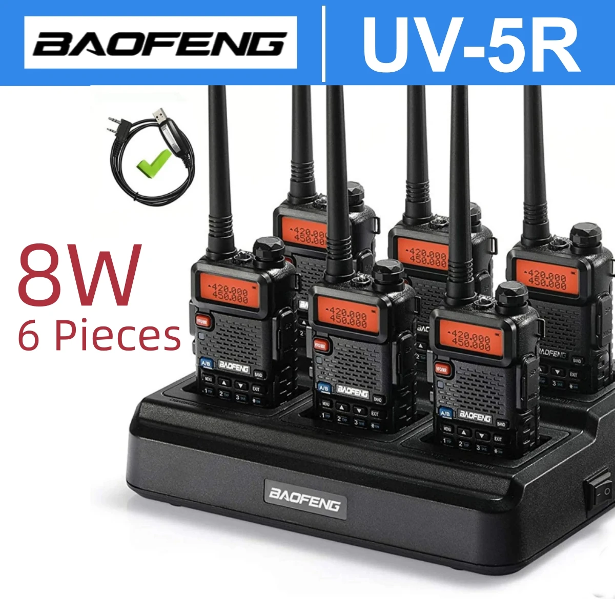 6 قطعة Baofeng Uv-5R 8 واط 6 طريقة شاحن طويل المدى أجهزة الاتصال اللاسلكية Uhf Vhf Vox Ctcss/Dcs راديو الاتصالات التخييم