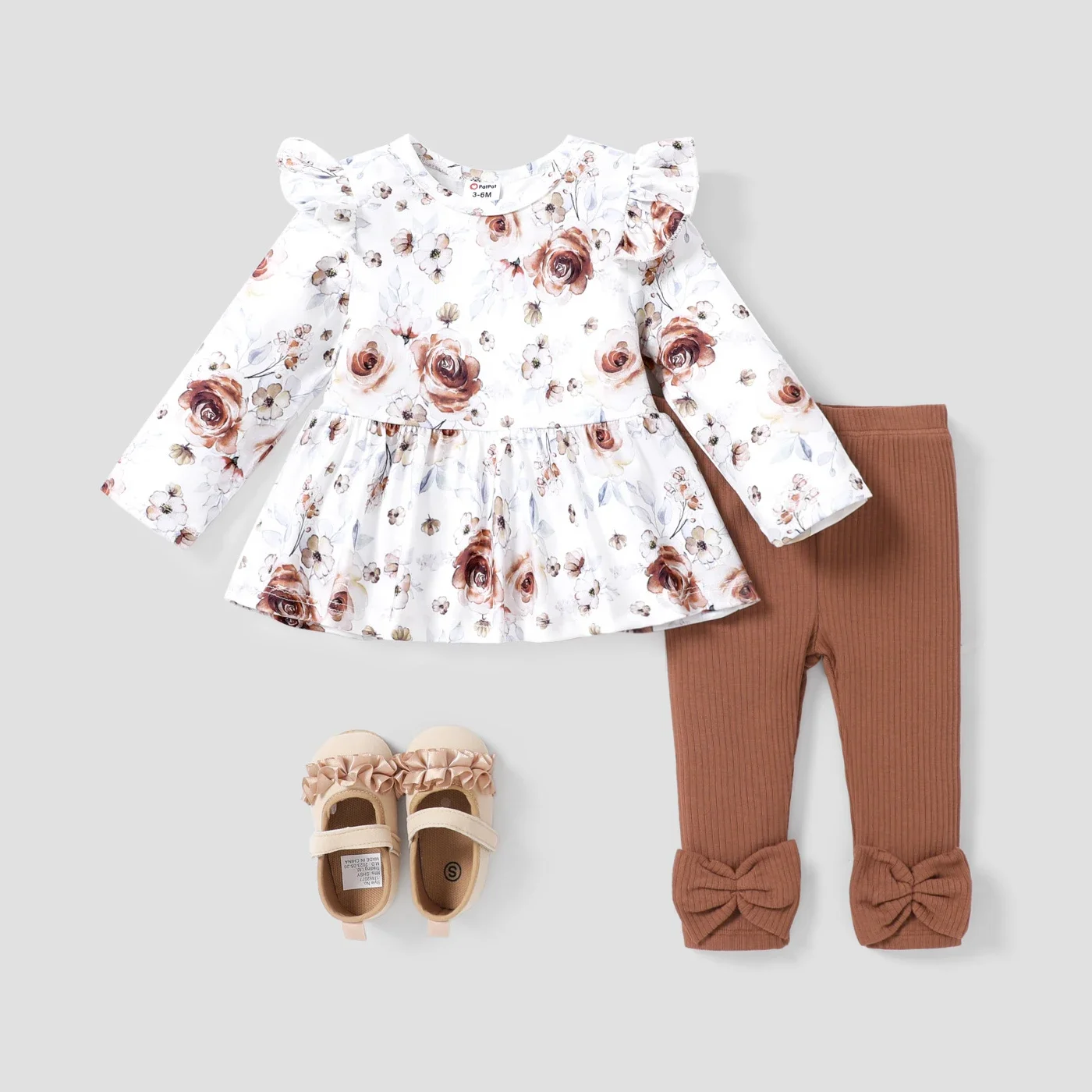 PatPat  2PCS Baby Girl Sweet Big Flower Flutter Sleeve Top/Solid Pant Set Suitable for Summer Season Perfect for Outings